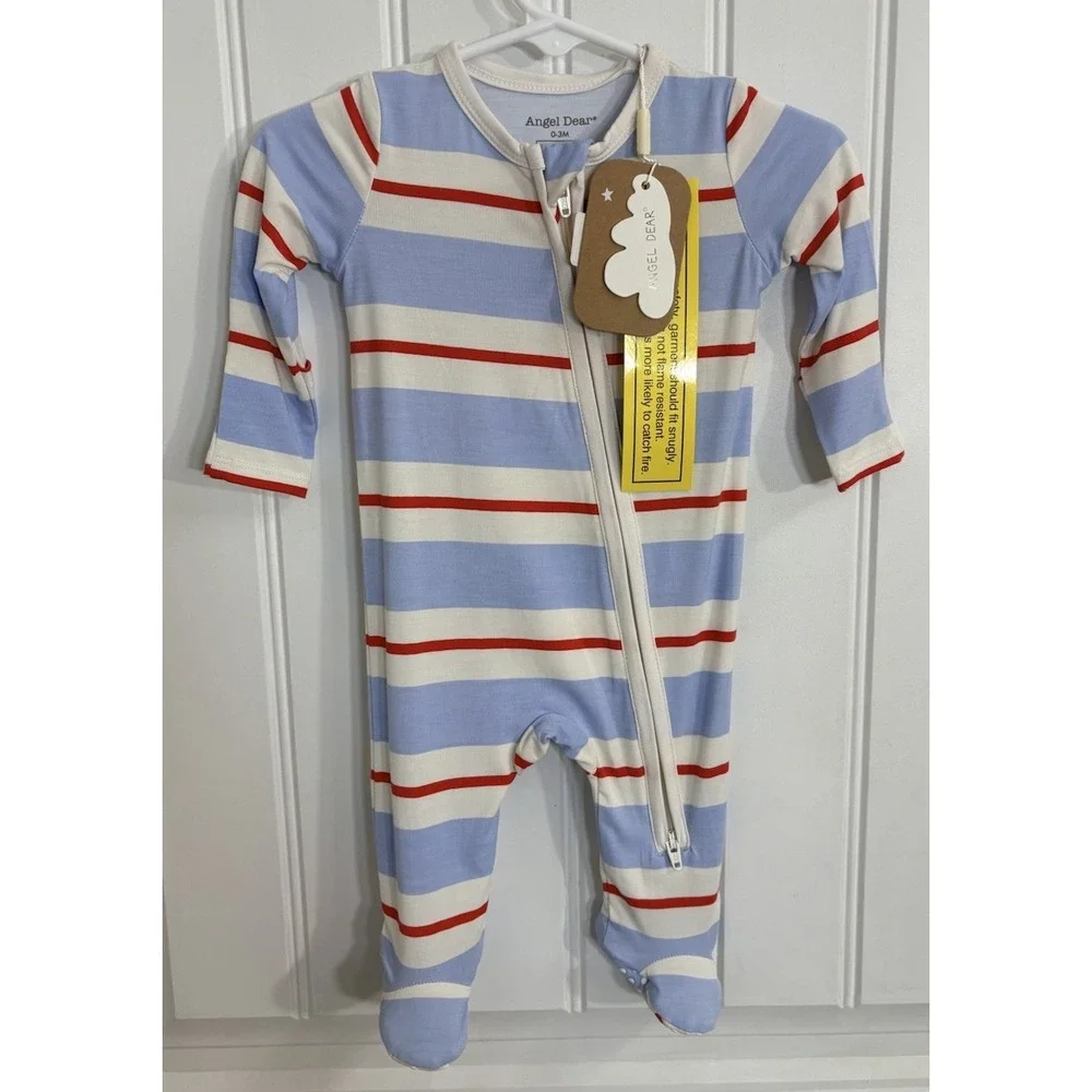 Angel Dear Baby Boy 0–3M Blue Red Stripe Zipper Footie Pajamas NWT Bamboo